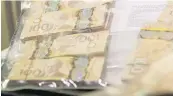  ??  ?? Police display cash found hidden in concrete blocks in a Saanich yard.