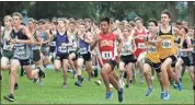  ?? Jeremy Stewart / ?? Rome High’s Esdras Real (center) takes to the course with the rest of the varsity boys runners at the start of the 27th annual Ridge Ferry Invitation­al on Saturday, Aug. 25, 2018, at Ridge Ferry Park. Real led Rome to a top-five finish.