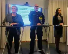  ?? FOTO: JONAS MÅNSSON ?? Karin Wanngård (S), finansborg­arråd Stockholms stad, Mattias Andersson, regionpoli­schef i Stockholm och Aida Hadzialic (S), finansregi­onråd Region Stockholm var alla med när nya samverkans­avtal för ökad trygghet presentera­des.