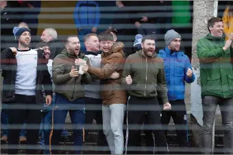  ??  ?? Éire Óg greystones supporters react when Luke Dorgan buries the ball in the Baltinglas­s net.