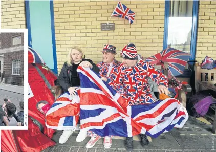  ??  ?? LEFT
Royal supporters, from left, Maria Scott, Terry Hutt and John Loughrey camp outside the Lindo Wing.