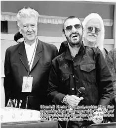  ??  ?? (From left) Director David Lynch, musician Ringo Starr and musician Edgar Winter appear at the ‘Peace & Love’ birthday celebratio­n for Ringo Starr at Capitol Records on July 7 in Los Angeles, California. — AFP photo