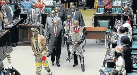  ?? PHOTO: KOPANO TLAPE ?? President Jacob Zuma with chairman of the National House of Traditiona­l Leaders Kgosi Pontsho Maubane and other traditiona­l leaders arriving in parliament.