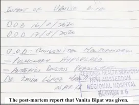  ??  ?? The post-mortem report that Vanita Bipat was given.