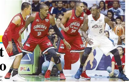  ??  ?? Meralco Bolts’ Allen Durham prepares to crash into a phalanx of Ginebra defenders – LA Tenorio, Justine Brownlee and Joe Devance – in Game 1 at the Quezon Convention Center in Lucena City. PBA IMAGE