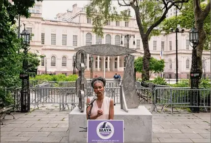  ?? Mark Lennihan / Associated Press ?? Maya Wiley, a Democratic candidate in the mayoral primary, holds a conference in front of City Hall, Thursday in New York. Revised vote counts in the city’s mayoral primary show Democrat Eric Adams has maintained a lead.