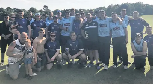  ??  ?? ●●Teams from Rochdale CC and Mayfield following the SG6 trophy match on Bank Holiday Monday