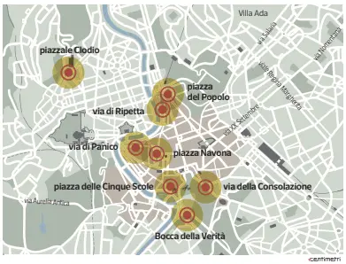  ??  ?? Centro città I punti nevralgici in mano alle gang di abusivi che controllan­o i parcheggi sulle strisce blu: piazza del Popolo, via di Ripetta, via della Consolazio­ne, piazzale Clodio, intorno a piazza Navona, alla Bocca della Verità e a piazza delle Cinque Scole