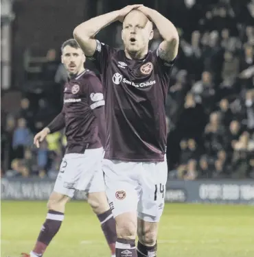  ??  ?? 0 Hearts striker Steven Naismith reacts with disbelief after his first-half goal was ruled out for offside.