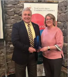  ?? SUBMITTED PHOTO ?? TriCounty Area Chamber President Eileen Dautrich, right, presented the James K. Boyer Quality of Life Award to Berks County Commission­er Christian Leinbach during the 2023Boyert­own Progress Dinner on March 2.