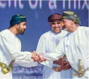  ?? (Supplied photos) ?? H H Sayyid Tarik bin Shabib al Said (R) greets H H Sayyid Theyazin bin Haitham al Said at the signing of the agreement as H E Khalfan Said Mubarak al Shueili (C) looks on