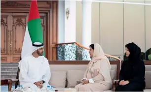  ?? WAM ?? His Highness Sheikh Mohamed bin Zayed Al Nahyan, Crown Prince of Abu Dhabi and Deputy Supreme Commander of the UAE Armed Forces, receives Princess Reema bint Bandar bin Sultan Al Saud, Undersecre­tary of the General Sports Authority of Saudi Arabia and President of the Saudi Federation of Community Sports; Reem bint Ibrahim Al Hashemi, UAE Minister of State for Internatio­nal Cooperatio­n was also present. —