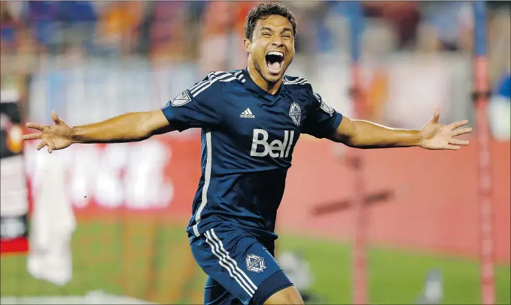  ?? — THE ASSOCIATED PRESS FILES ?? Vancouver Whitecaps midfielder Kianz Froese celebrates after scoring a goal against the New York Red Bulls on Saturday in Harrison, N.J.