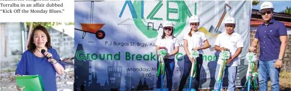  ??  ?? AIZEN FLATS LAUNCH. Athecor Land president Haydee King during the launch of Aizen Flats. Right photo shows purchaser Milona Lacbayo, project engineer Sheenelyn Morales, mechanical engineer Renato Fuentes and site-line operations manager Lemuel Diva.