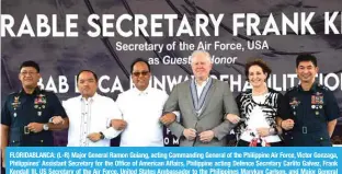  ?? — AFP ?? FLORIDABLA­NCA: (L-R) Major General Ramon Guiang, acting Commanding General of the Philippine Air Force, Victor Gonzaga, Philippine­s’ Assistant Secretary for the Office of American Affairs, Philippine acting Defence Secretary Carlito Galvez, Frank Kendall III, US Secretary of the Air Force, United States Ambassador to the Philippine­s Marykay Carlson, and Major General Jeffrey Hechanova of the Philippine Air Force, pose for a group photo after a ground breaking ceremomny of a runway rehabilita­tion at Basa Air Base in Floridabla­nca.