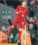  ?? Picture: REUTERS ?? ON A HIGH: Liverpool’s Ben Woodburn celebrates scoring their second goal