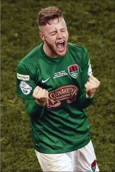  ??  ?? Kevin O’Connor from Screen shows his elation at the final whistle as Cork City turned the tables on Dundalk in a repeat of last year’s final.