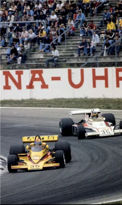  ??  ?? When is a debut not a debut? Hans Heyer (in the yellow ATS Penske) completed nine laps in the 1977 German GP at Hockenheim but hadn’t actually qualified for the race. Heyer slipped out of the pits and joined the race until his gearbox failed. And then he was disqualifi­ed...