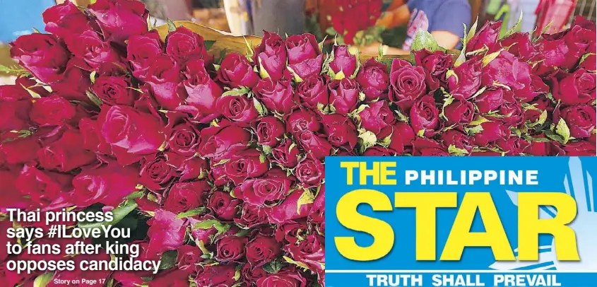  ?? KRIZJOHN ROSALES ?? Roses are seen on display at a flower stall in Dangwa, Manila yesterday. The Dangwa flower market is a favorite place for people seeking the best deals for fresh blooms, especially during Valentine’s Day.