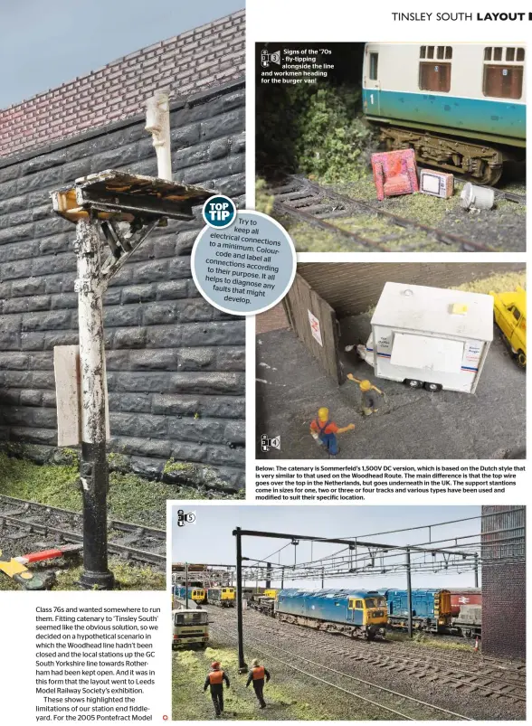  ??  ?? Signs of the ’70s - fly-tipping alongside the line and workmen heading for the burger van! Below: The catenary is Sommerfeld’s 1,500V DC version, which is based on the Dutch style that is very similar to that used on the Woodhead Route. The main...