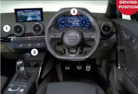  ??  ?? AUDI Q2 1 2 1 Dashboard isn’t as
ash as 2008’s, but softtouch materials provide a sense of quality 3 2 You have to pay £525 if you want automatic climate control rather than manual air-con 3 Highly con gurable digital instrument panel is part of the £1495 Technology Pack