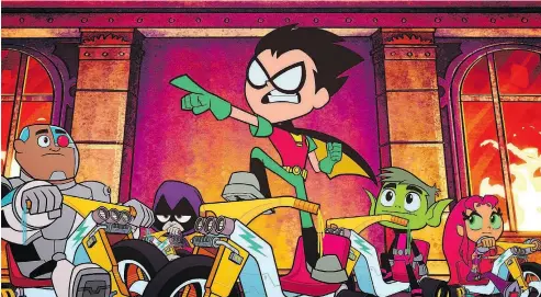  ?? WARNER BROS. PICTURES VIA AP ?? From left, Cyborg, voiced by Khary Payton, Raven, voiced by Tara Strong, Robin voiced by Scott Menville, Beast Boy, voiced by Greg Cipes, and Starfire, voiced by Hynden Walch, in a scene from Teen Titans GO! to the Movies.