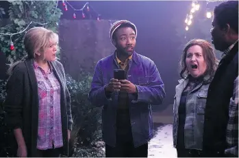  ?? ROSALIND O’CONNOR/NBC ?? Cecily Strong, left, Donald Glover, Aidy Bryant and Kenan Thompson starred in a sketch that both parodied the horror film A Quiet Place and referenced Kanye West’s headline-making tweets.