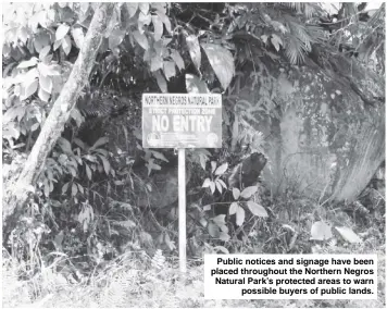  ??  ?? Public notices and signage have been placed throughout the Northern Negros Natural Park’s protected areas to warn
possible buyers of public lands.