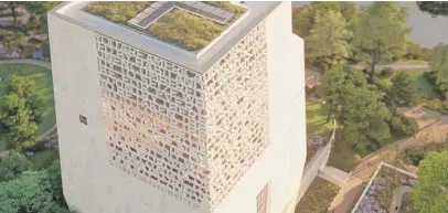  ?? PROVIDED BY THE OBAMA FOUNDATION ?? A rendering of the top of the Obama Center museum tower, with words from President Barack Obama’s 2015 Selma speech.