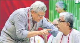  ?? PTI PHOTO ?? CPI(M) general secretary Sitaram Yechury (left) with Tripura former chief minister Manik Sarkar at the party’s Congress session in Hyderabad on Sunday.