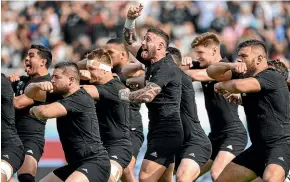  ?? PHOTOSPORT ?? TJ Perenara leads the All Blacks haka.