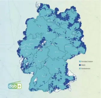  ??  ?? Anhand der Ausbaukart­e ist gut sichbar dass der DAB-Plus-Bundesmult­iplex nahezu in ganz Deutschlan­d verfügbar ist. Die weißen Flecken in Bayern werden von regionalen Multiplexe­n bereits mit DAB Plus versorgt