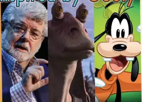  ??  ?? ‘Star Wars’ creator George Lucas, ‘Star Wars’ character Jar Jar Binks and Disney character Goofy.