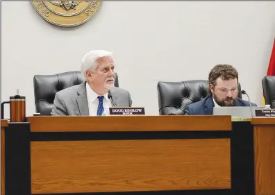  ?? (River Valley Democrat-Gazette/Sadie Lacicero) ?? Greenwood Mayor Doug Kinslow listens to residents’ questions on the budget report during a City Council meeting on Monday.