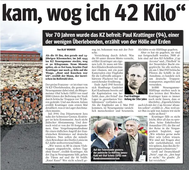  ??  ?? Paul Krattinger Anfang der 50er Jahre Auf der Feierstund­e gestern: der polnische Ex- Häftling Janusz Kahl mit Olaf Scholz ( SPD) vom Bundesinne­nministeri­um