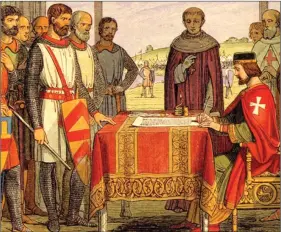  ??  ?? A painting depicting King John signing the Magna Carta at Runnymede on 15 June 1215.