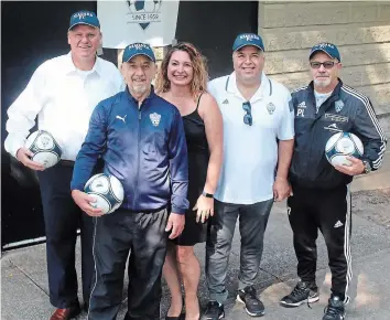  ?? BERND FRANKE TORSTAR ?? From left, Paul O'Rourke, highperfor­mance director; Tim Chamberlai­n, president; Christina Stranges, lead administra­tor; Nick Montanaro, vice-president, Ontario Player Developmen­t League director; and Paul Lepiane, field and facilities director celebrate the Niagara Falls Soccer Club joining the Ontario Player Developmen­t League. Gary Flannigan, director of soccer operations and OPDL player well-being officer, is absent.