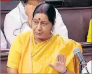  ?? PTI PHOTO ?? Sushma Swaraj speaks in the Rajya Sabha during the ongoing monsoon session of Parliament, in New Delhi on Thursday.