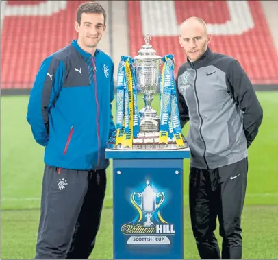  ??  ?? LET BATTLE COMMENCE: Lee Wallace and David Gray, the Rangers and Hibernian captains, pose with the trophy