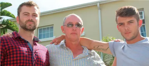  ?? Photo: Yaseen Gaffar ?? At the Knysna Magistrate’s Court last week for the trial of the person accused of causing the death of Jared Lomas during the 2015 Oyster Festival were Chris Olivier (Lomas’ brother), Lloyd Lomas (father) and Heinrich Painczyk (best friend).