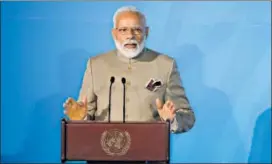  ??  ?? Prime Minister Narendra Modi addressing the Climate Action Summit at UN headquarte­rs in New York on Monday. AP