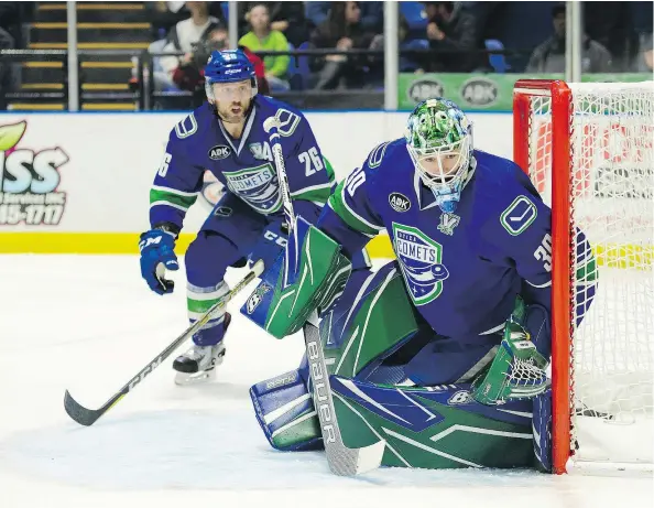  ?? LINDSAY A. MOGLE/UTICA COMETS ?? Goalie Thatcher Demko is the main reason his Utica Comets have come back to tie their AHL series with the Toronto Marlies.