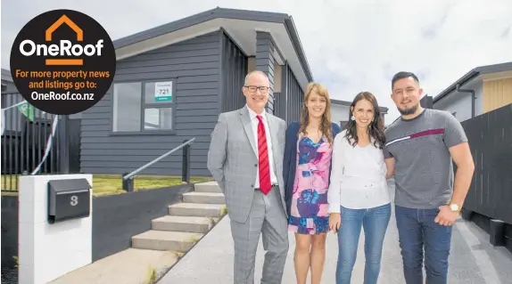  ?? Photo / Greg Bowker ?? New KiwiBuild home owners Derryn Jayne and Fletcher Ross, with Phil Twyford and Prime Minister Jacinda Ardern.