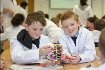  ??  ?? Cormac Broe age 11 and Padraig Mooney age 10 from Realt na Mara School take part in Fantastic DNA Cell Explorers Workshop as part of DkIT Science Week.