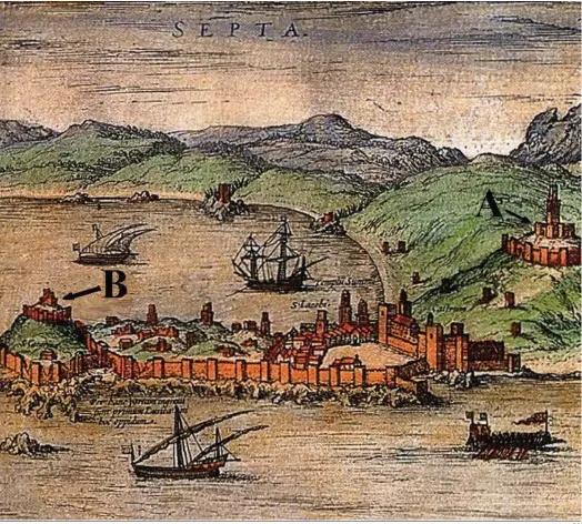  ?? E.S. ?? Vista de Ceuta en el siglo XVI según el ‘Civitates Orbis Terrarum’ (G. Brawn y F. Hogenberg, 1572-1617). Con la letra A, el Afrag o recinto construido por los meriníes en el siglo XIII; con la letra B, la fortificac­ión mandada edificar por Almanzor.