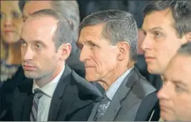  ??  ?? Former US national security adviser Michael Flynn (centre) with senior adviser Jared Kushner (second from right) at the White House in January. NYT FILE