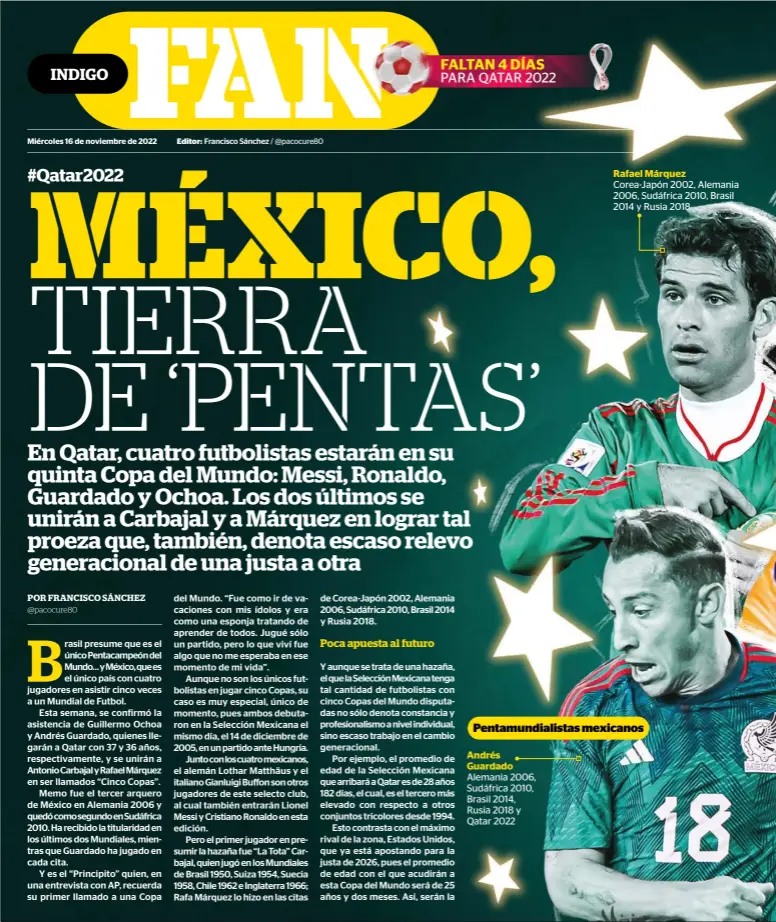  ?? ?? Pentamundi­alistas mexicanos
Andrés Guardado Alemania 2006, Sudáfrica 2010, Brasil 2014, Rusia 2018 y Qatar 2022
Rafael Márquez Corea-japón 2002, Alemania 2006, Sudáfrica 2010, Brasil 2014 y Rusia 2018