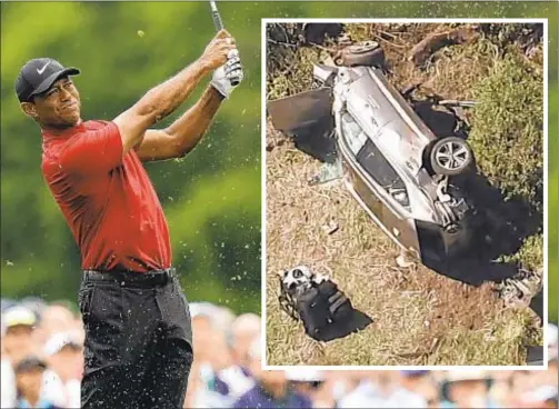  ?? AP & GETTY ?? Sending my prayers to @TigerWoods and his family tonight—here’s to a speedy recovery for the GOAT of golf. If we’ve learned anything over the years, it’s to never count Tiger out.
Tiger Woods comes back from injuries and personal scandal to win 2019 Masters (above), and after terrible car crash (inset) Tuesday morning near L.A., he’ll have to overcome serious injuries to play again, much the same as Ben Hogan (r.).