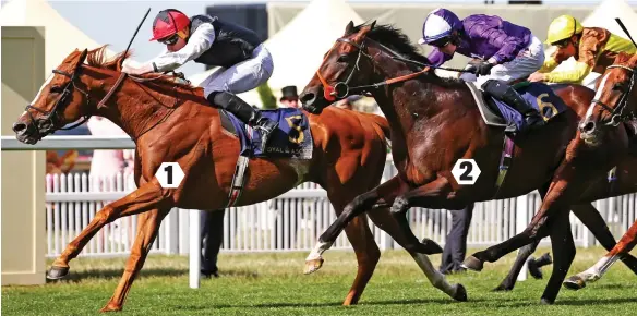  ?? GETTY IMAGES ?? Gold rush: Kyprios (1) is pushed out by Moore under pressure from Mojo Star (2) with Stradivari­us (3) too far back to challenge