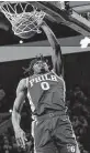  ?? Matt Slocum / Associated Press ?? The 76ers’ Tyrese Maxey dunks in two of his 33 points against the Cavs.